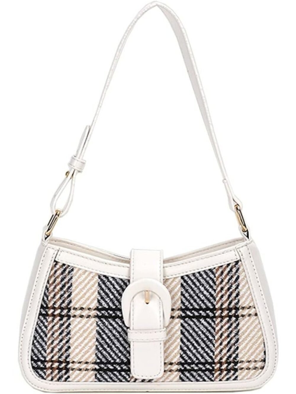 Women's White Plaid Striped Woolden Cloth Shoulder Tote Bag Chain Strap Gift
